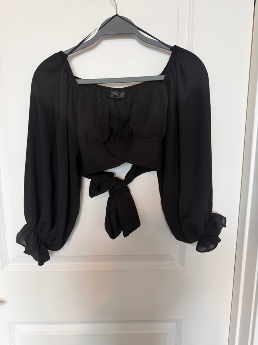 White Fox Boutique Black Puff Sleeve Tie-back Crop Top